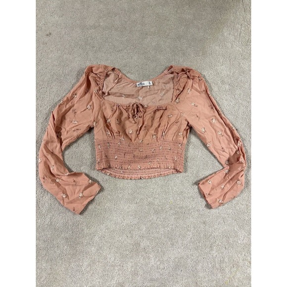 Hollister pink Floral Print Long‎ Sleeve Cropped Blouse Elastic Waist Size S EUC - Picture 1 of 4